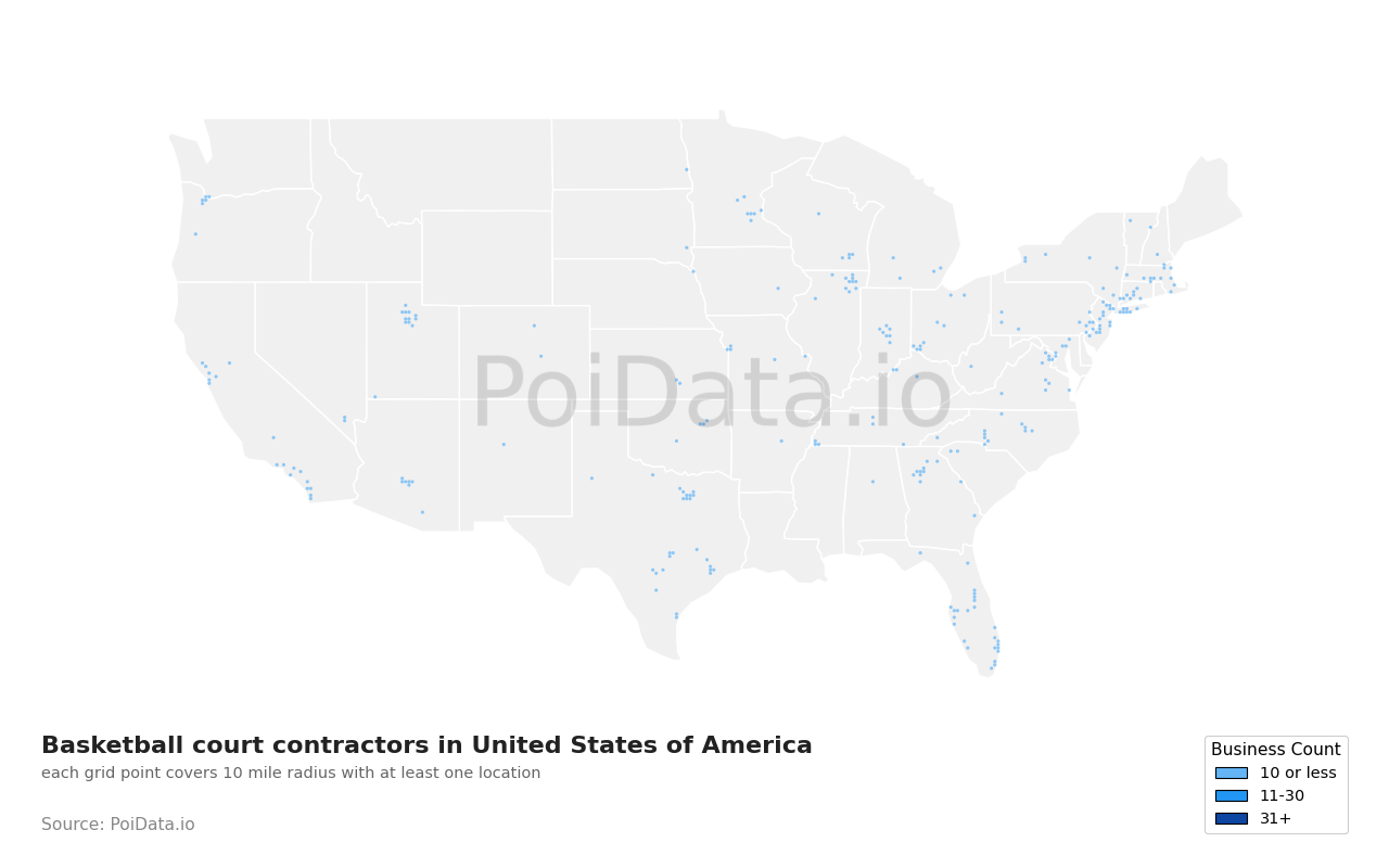 Basketball court contractor density map for Indiana, United States