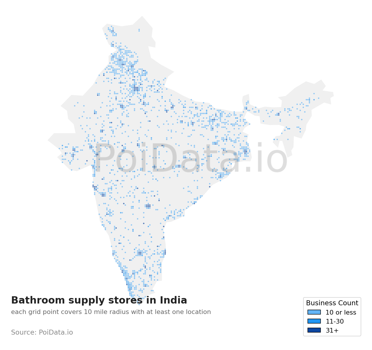Bathroom supply store density map for India