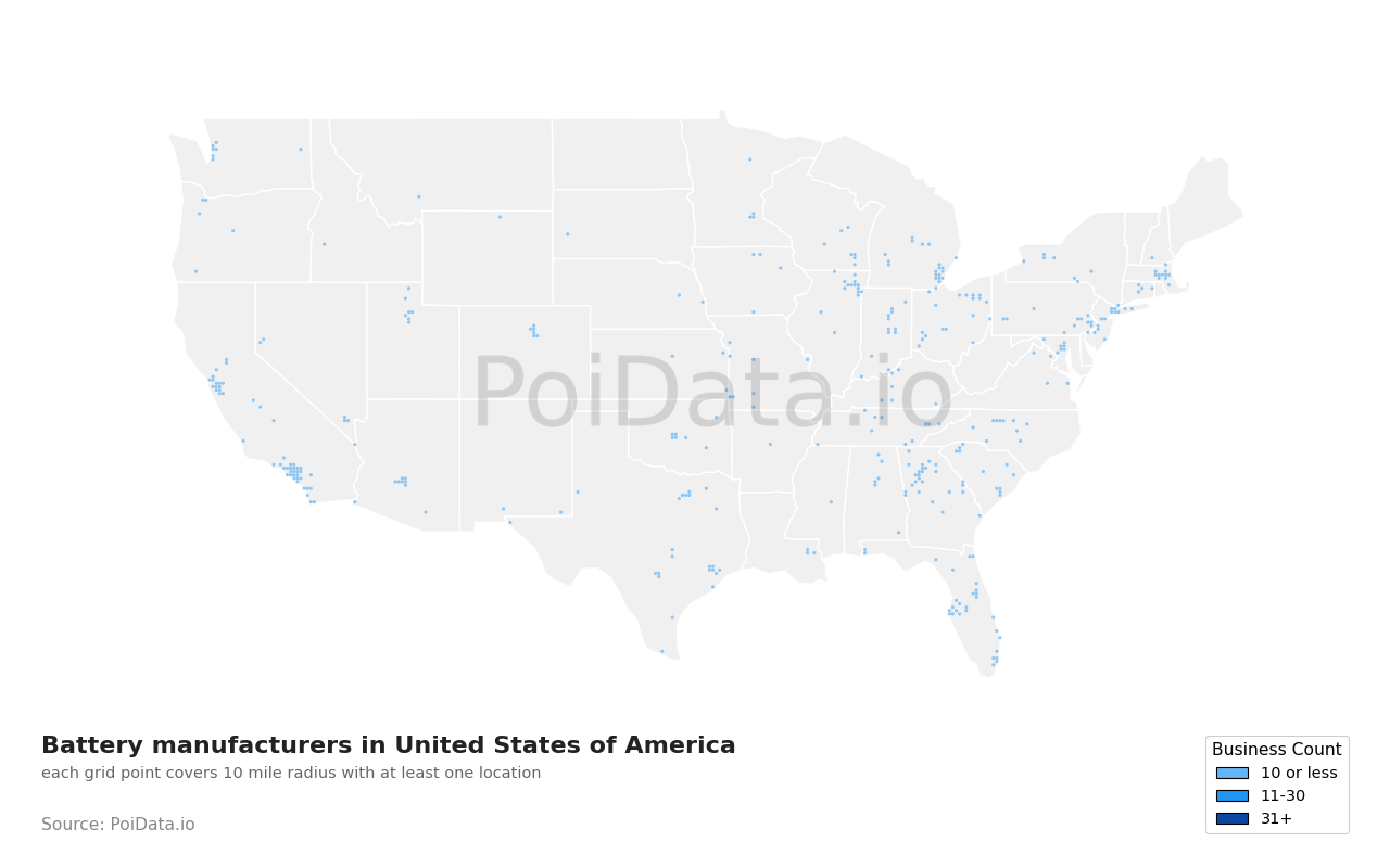 Battery manufacturer density map for Florida, United States