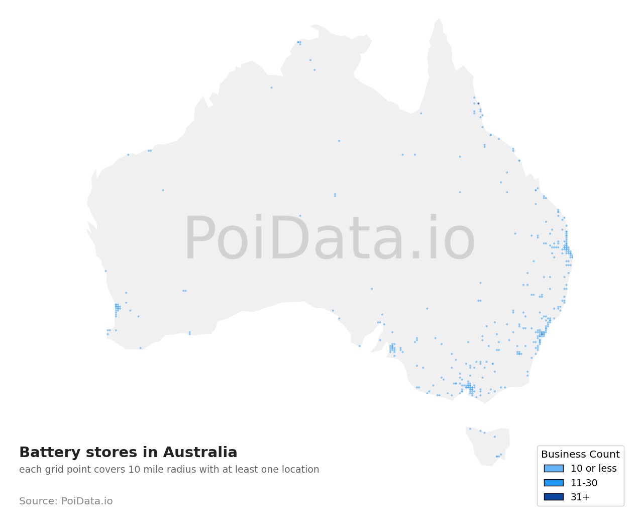 Battery store density map for Western Australia, Australia
