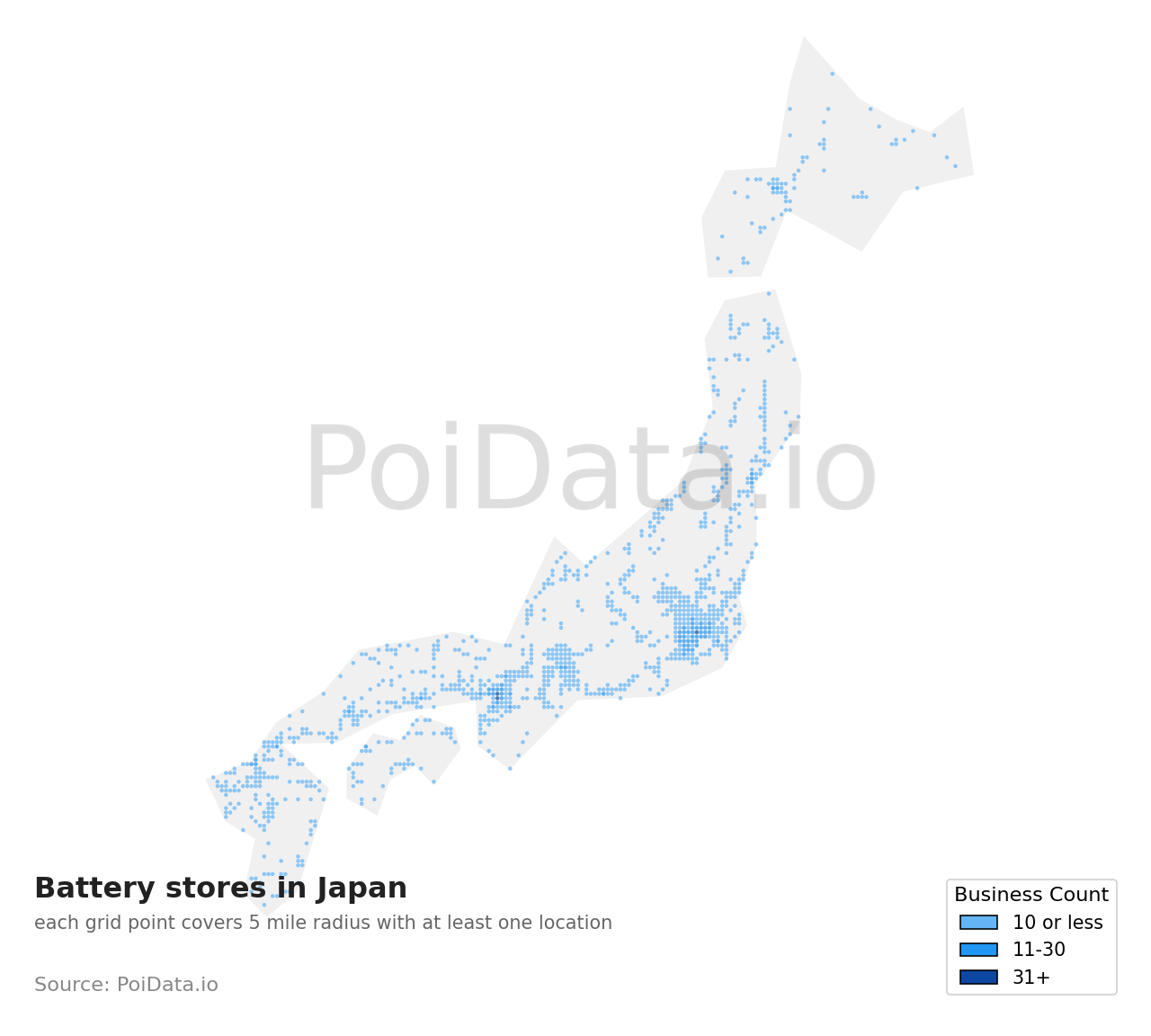 Battery store density map for Kawabe District, Hyogo, Japan