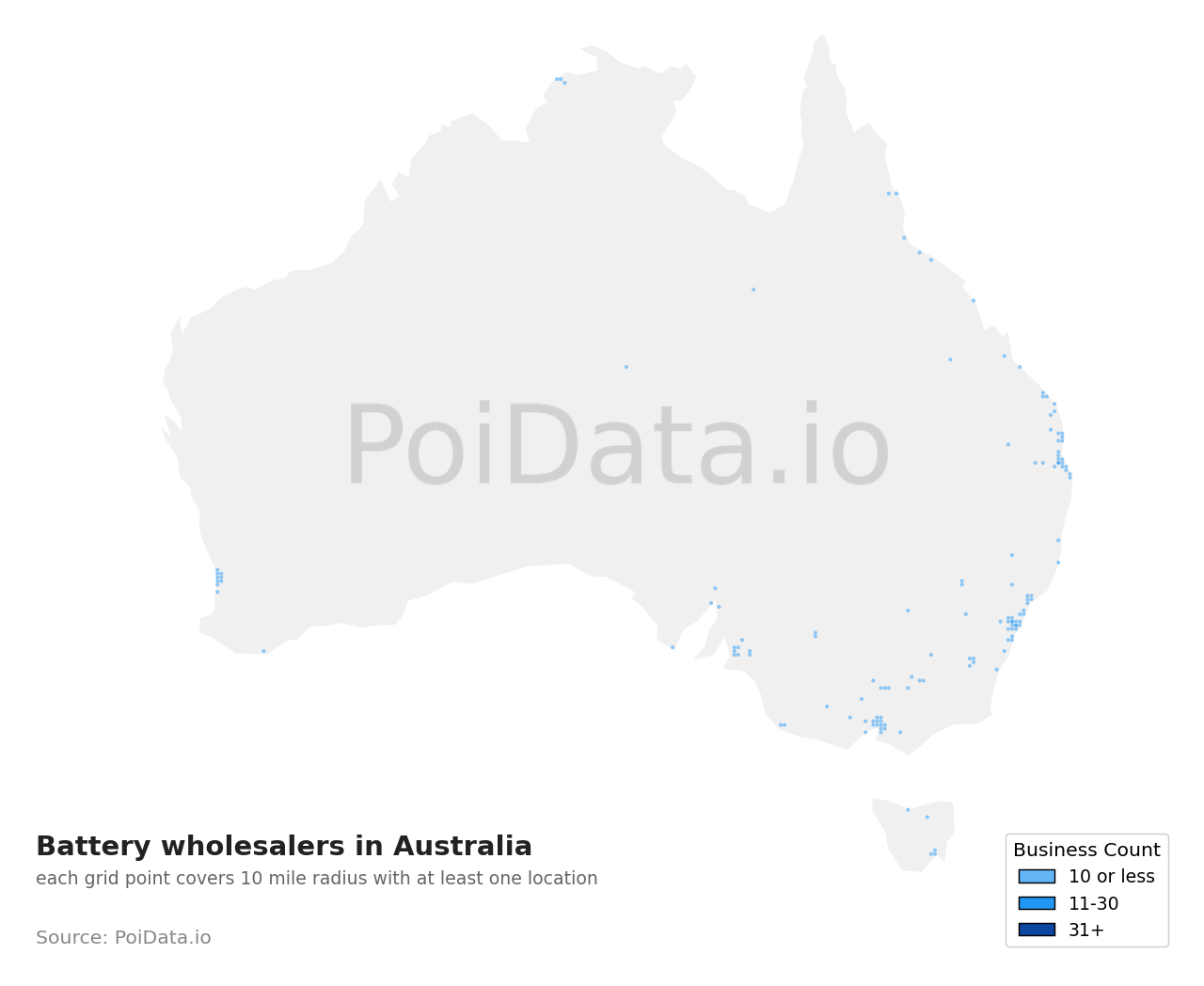 Battery wholesaler density map for Australia