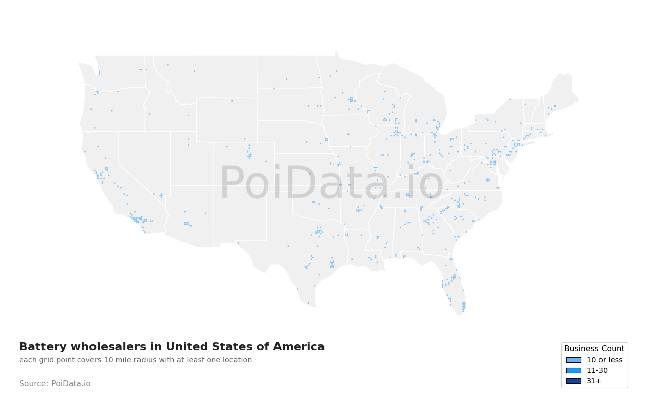 Battery wholesaler density map for United States