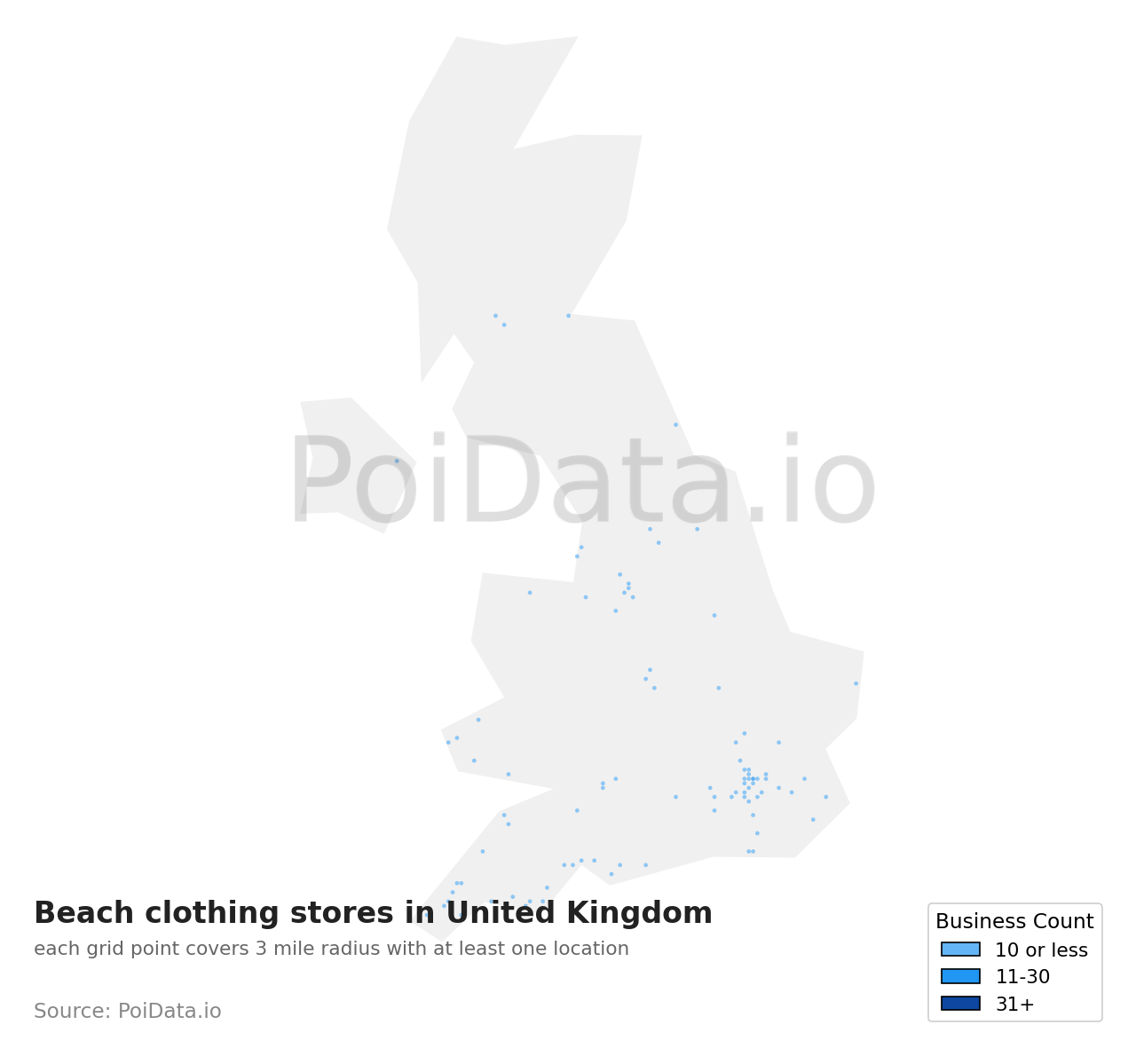 Beach clothing store density map for United Kingdom