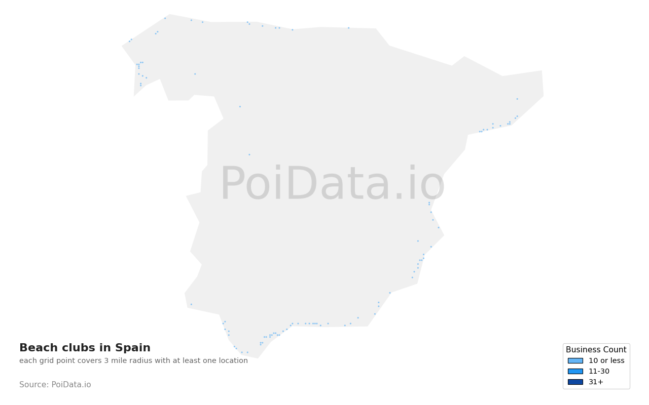 Beach club density map for Spain