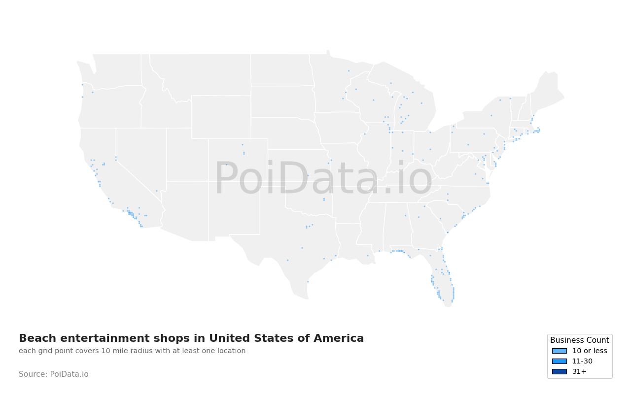 Beach entertainment shop density map for United States