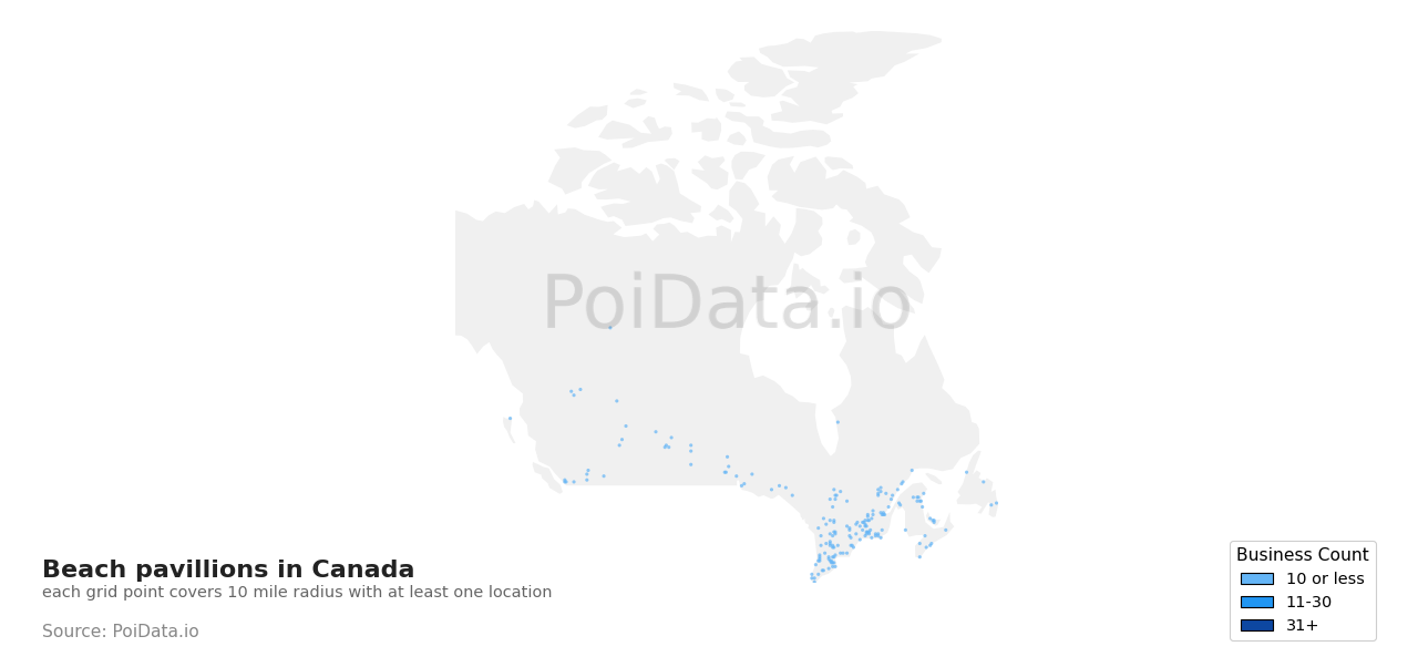 Beach pavillion density map for New Brunswick, Canada