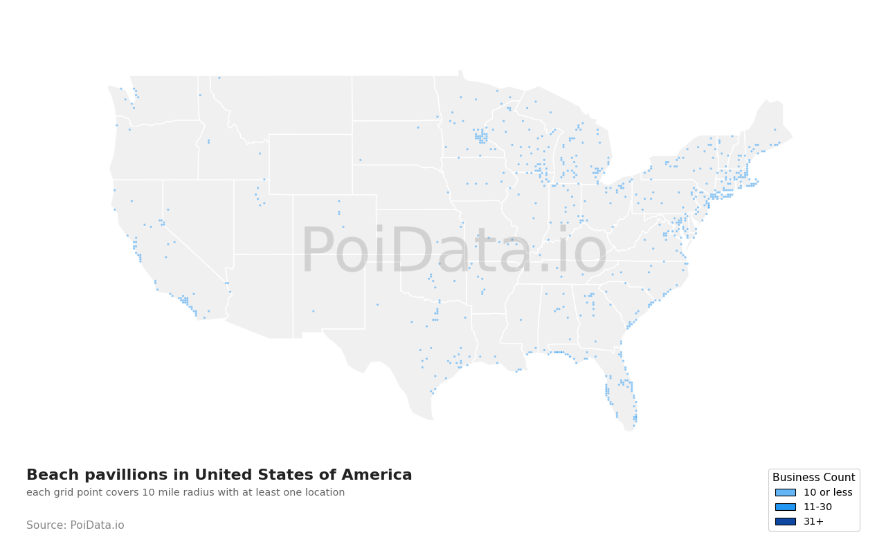 Beach pavillion density map for United States