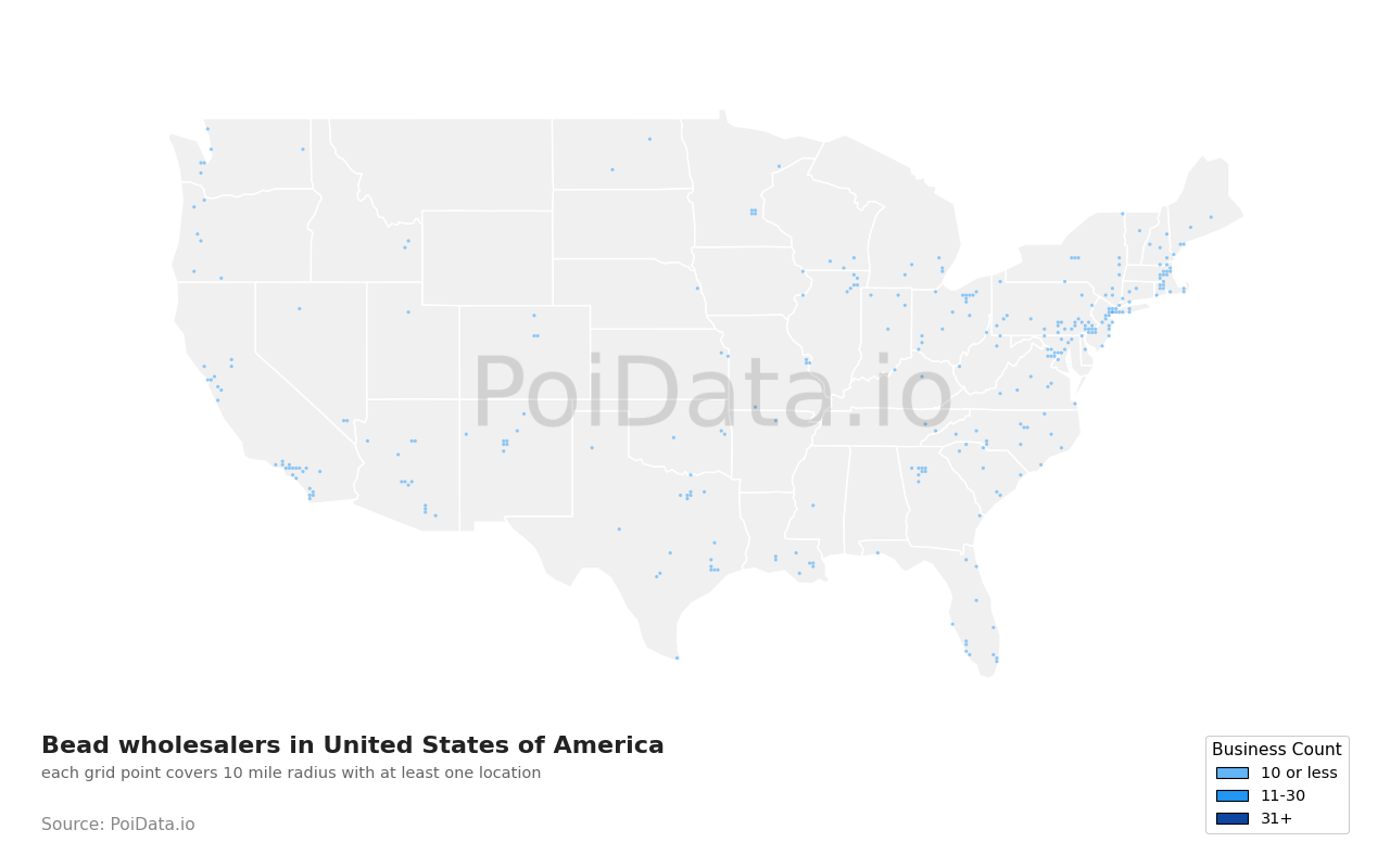 Bead wholesaler density map for Florida, United States