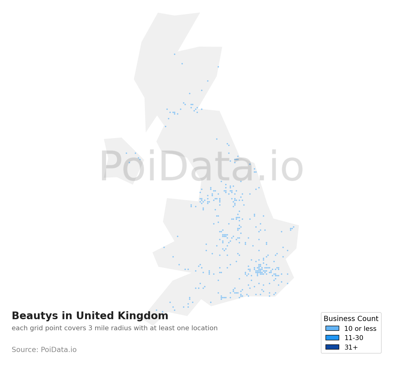 Beauty density map for United Kingdom