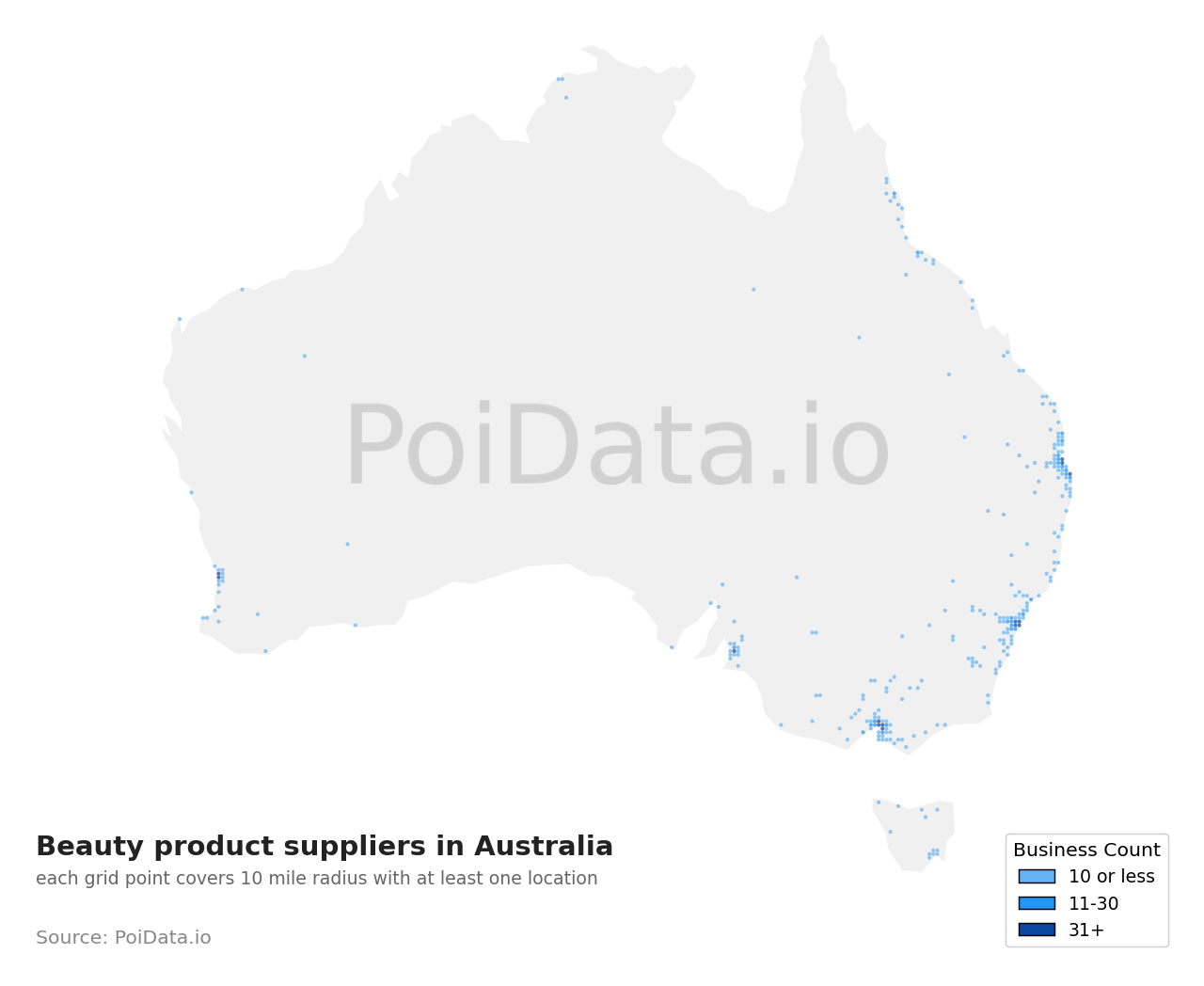 Beauty product supplier density map for New South Wales, Australia