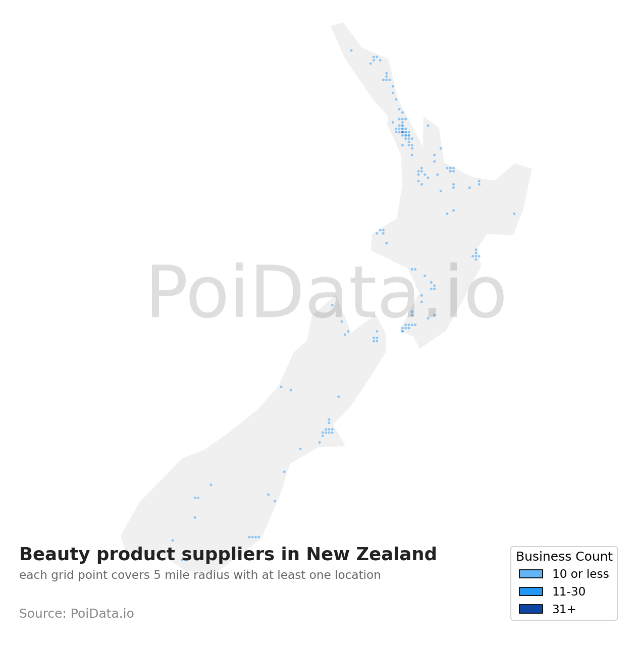 Beauty product supplier density map for New Zealand