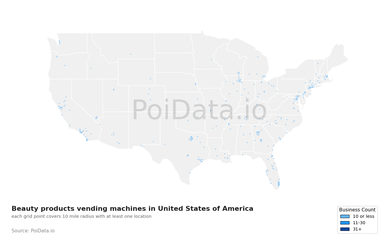 Beauty products vending machine density map for United States