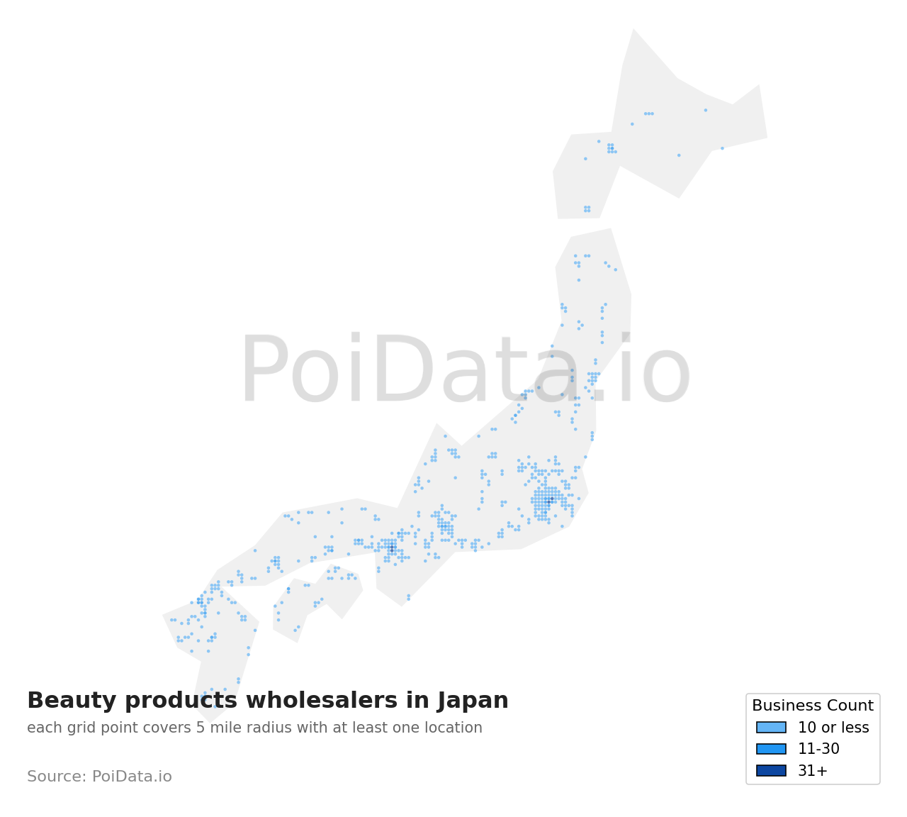 Beauty products wholesaler density map for Japan