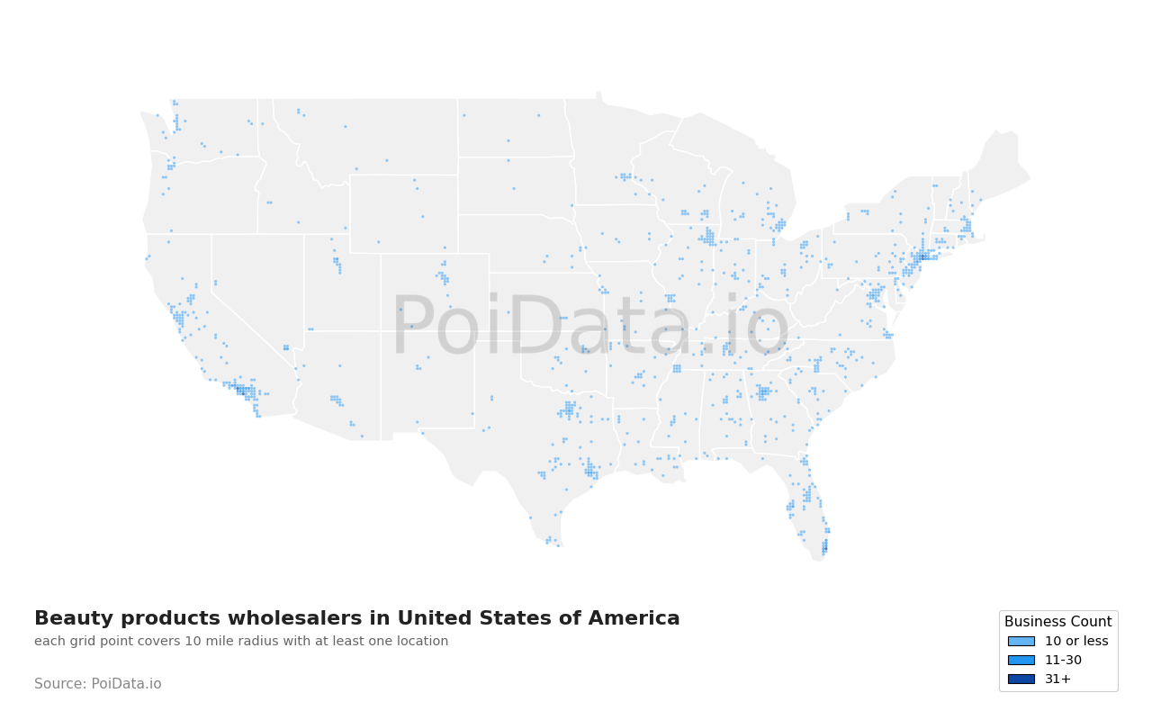 Beauty products wholesaler density map for Tennessee, United States