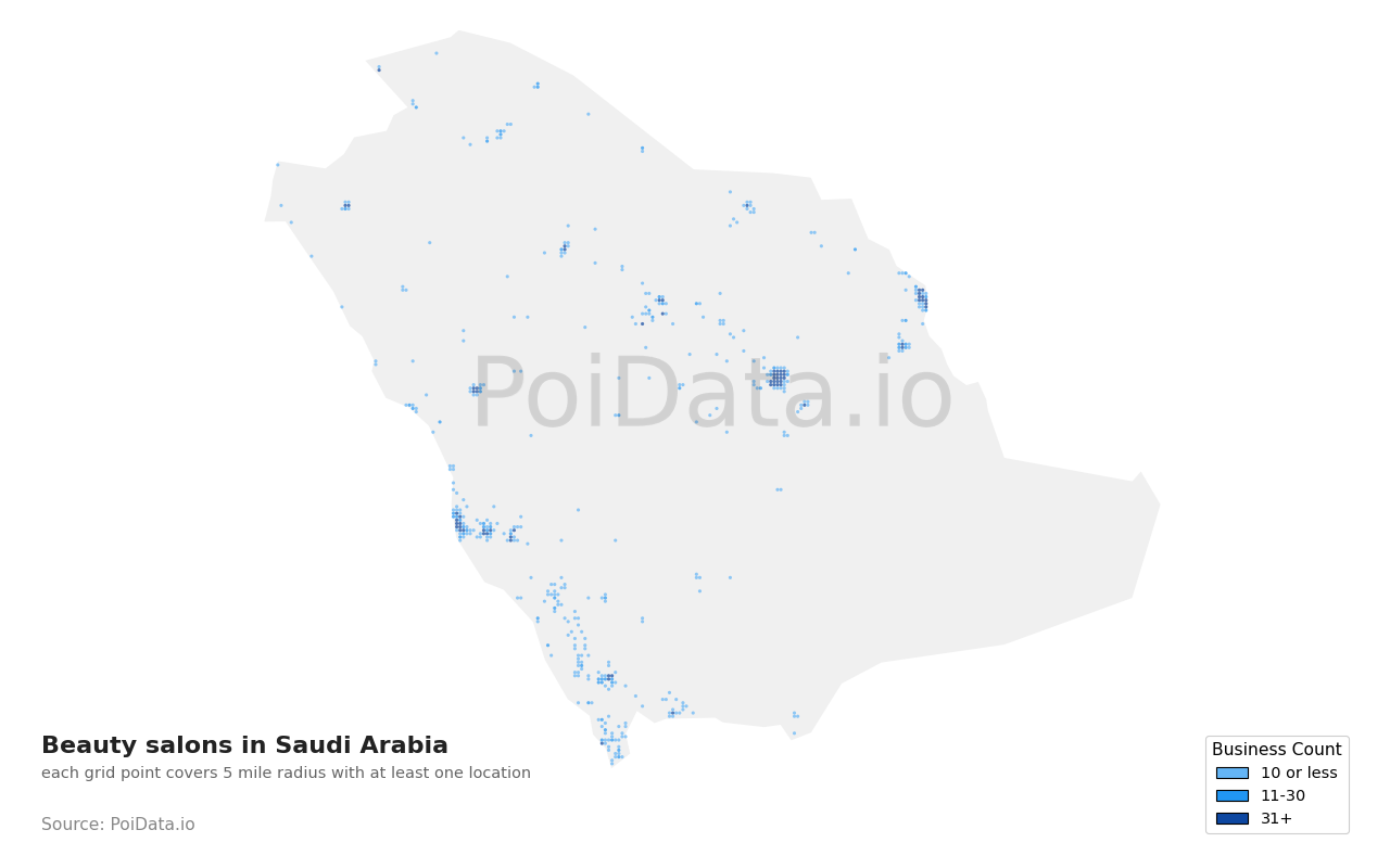 Beauty salon density map for Saudi Arabia