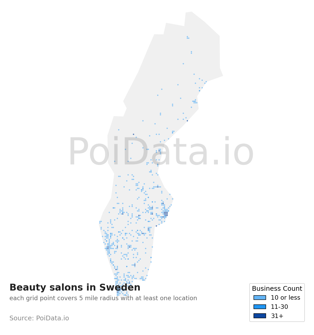 Beauty salon density map for Sweden