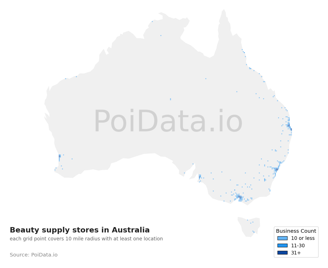 Beauty supply store density map for Australia