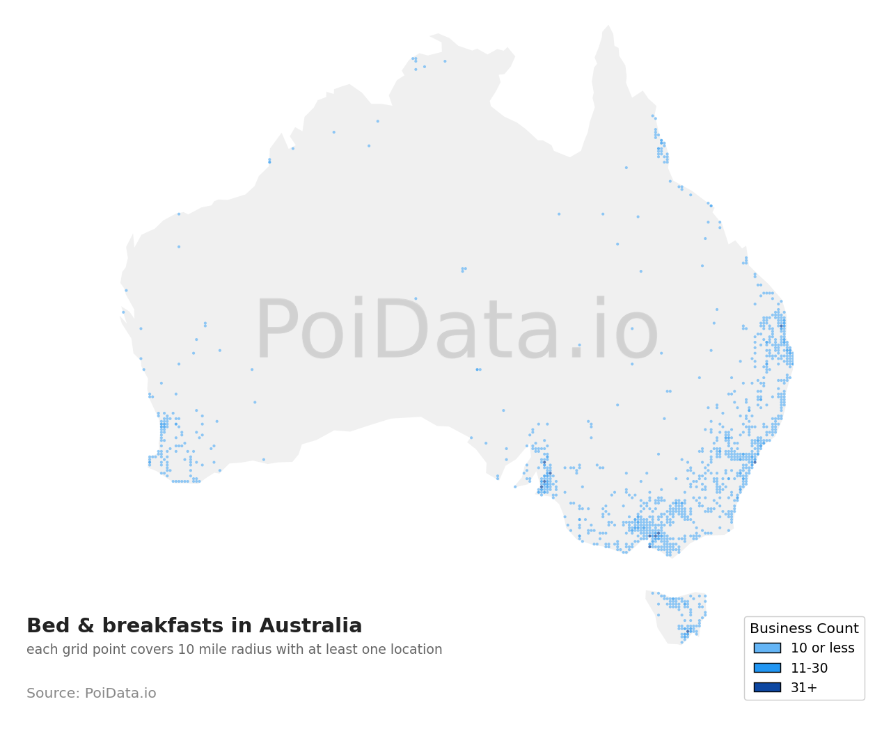 Bed & breakfast density map for TAS, Australia