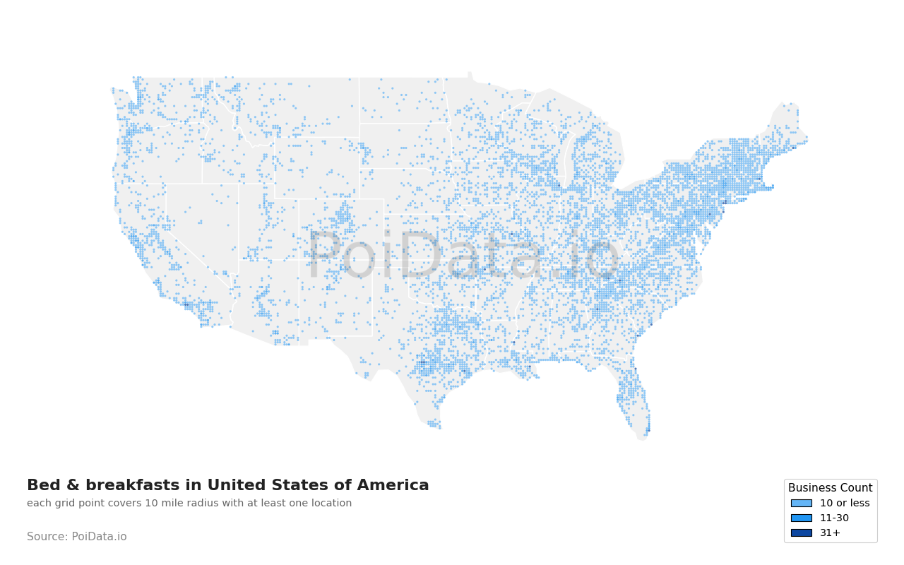 Bed & breakfast density map for Florida, United States