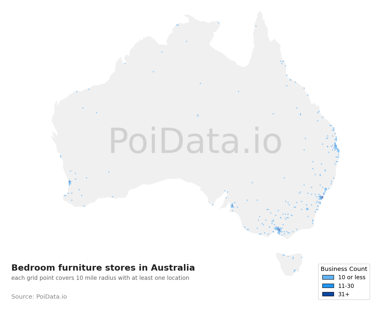 Bedroom furniture store density map for Queensland, Australia