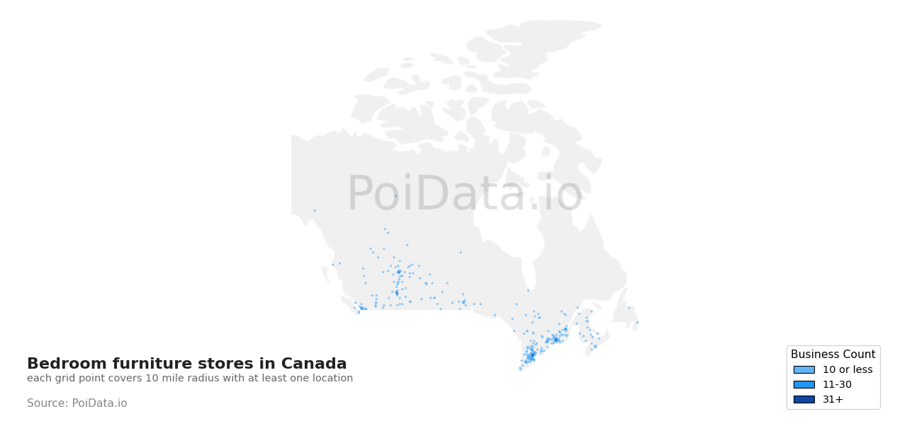 Bedroom furniture store density map for British Columbia, Canada