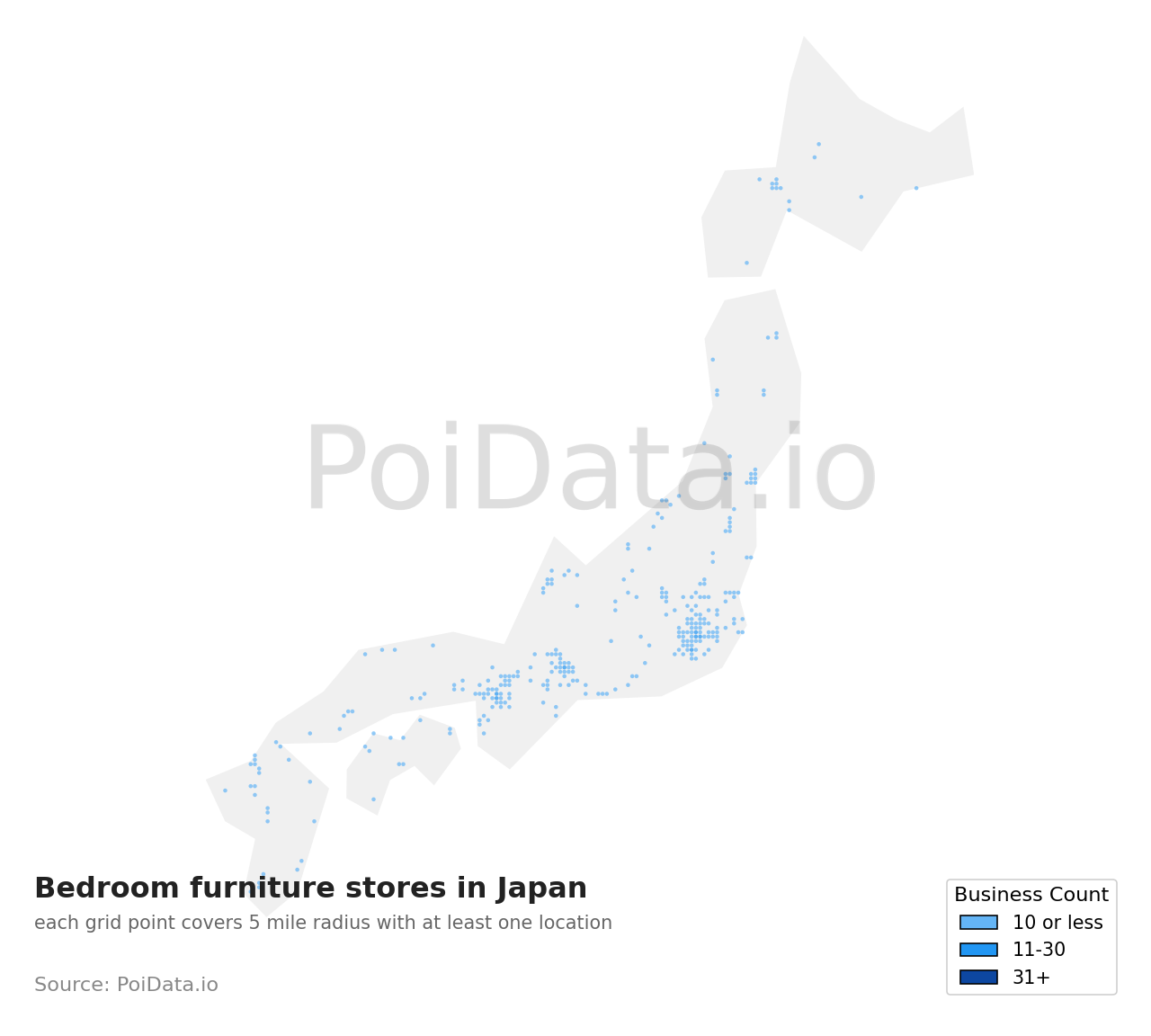 Bedroom furniture store density map for Japan