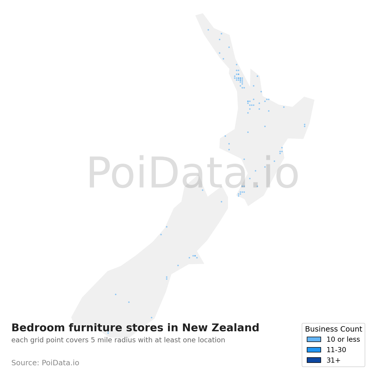 Bedroom furniture store density map for New Zealand