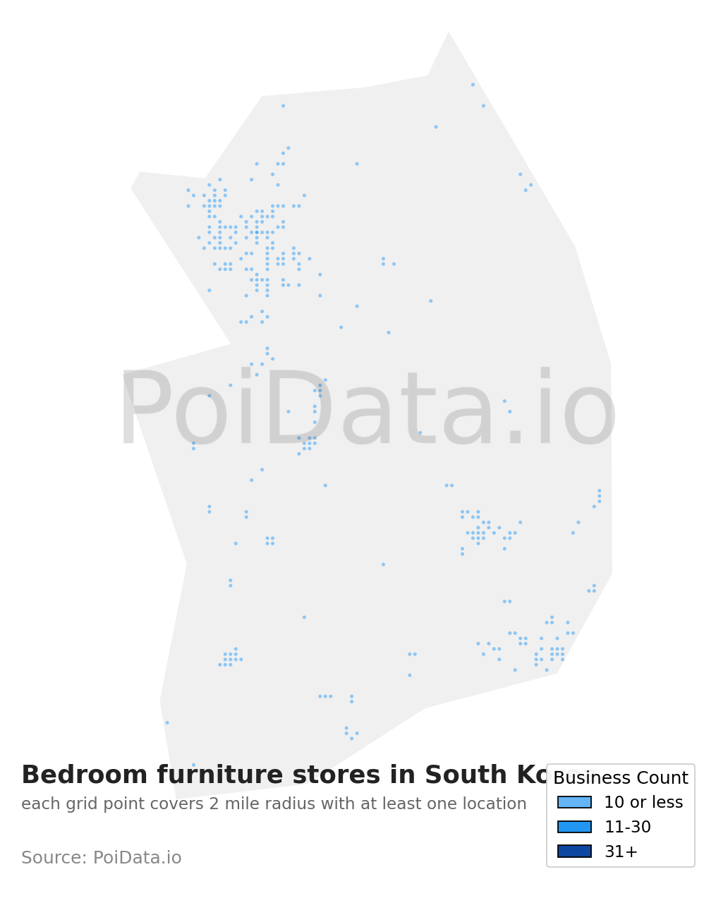 Bedroom furniture store density map for South Korea