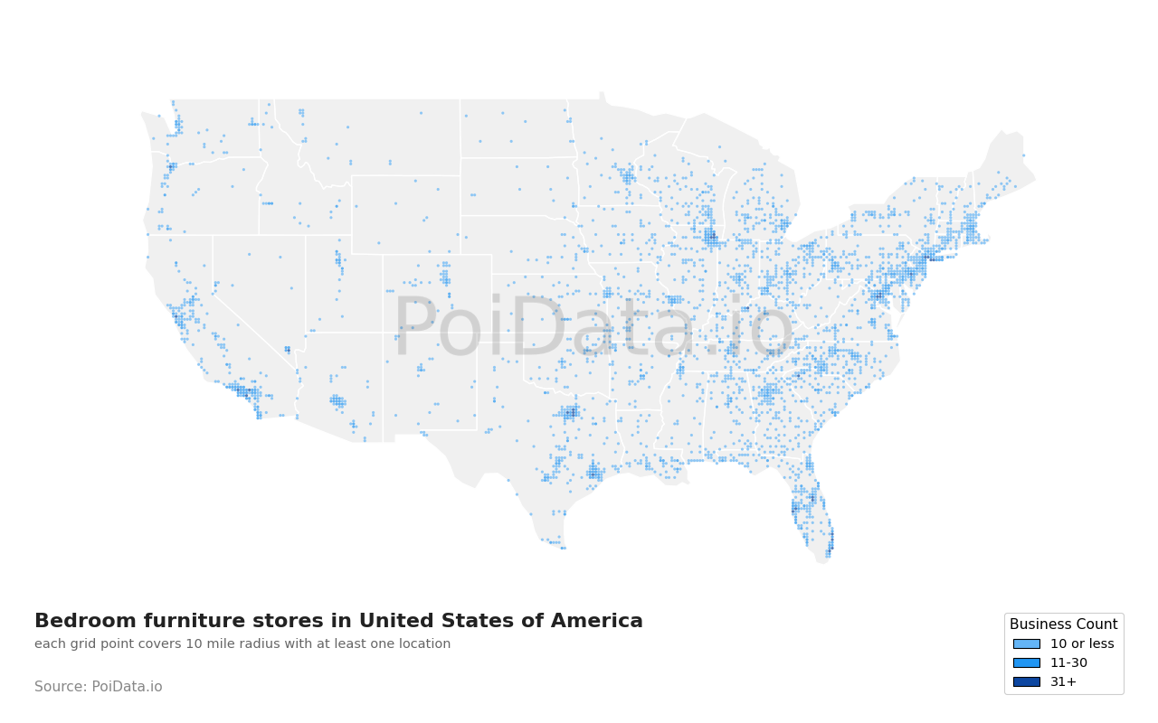 Bedroom furniture store density map for Missouri, United States