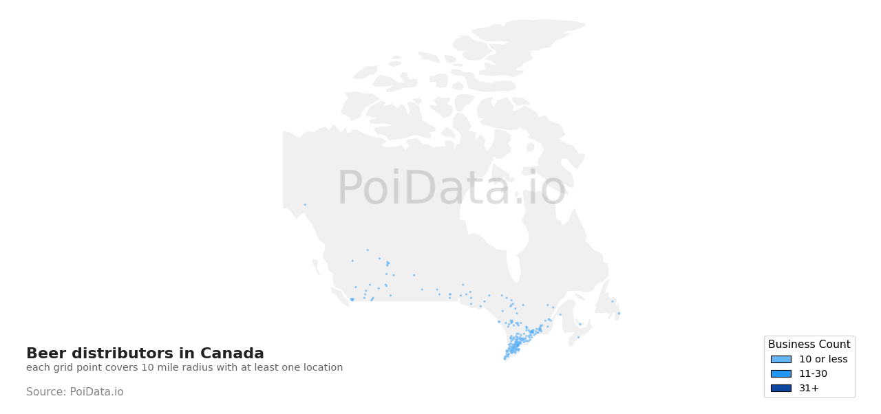 Beer distributor density map for Ontario, Canada