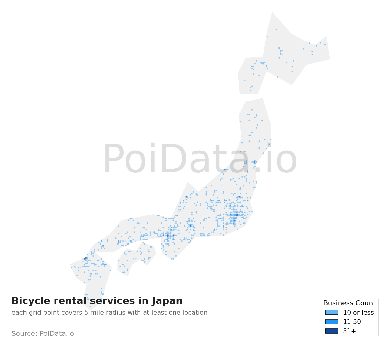 Bicycle rental service density map for Motoyoshi District, Miyagi, Japan