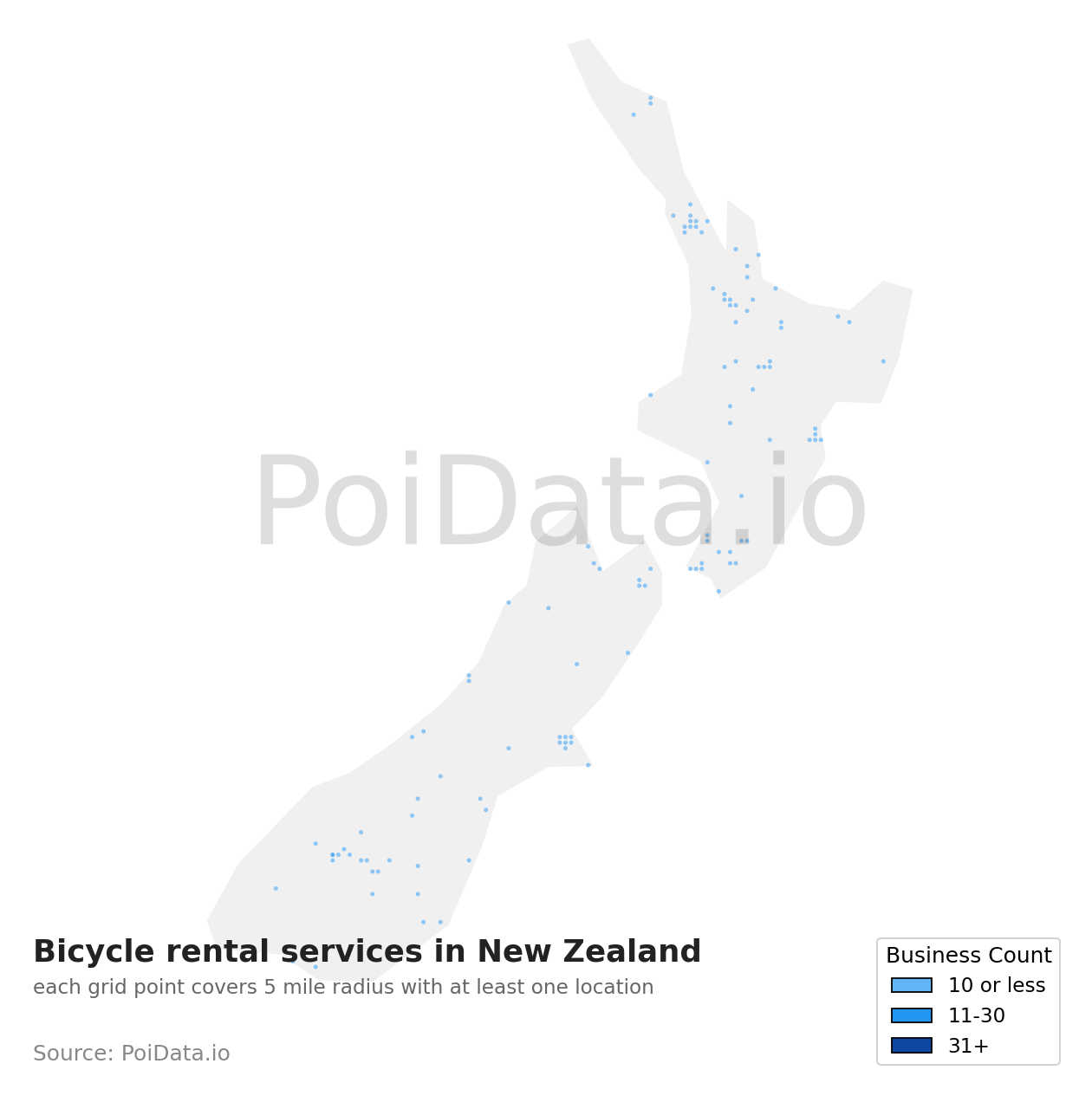 Bicycle rental service density map for New Zealand