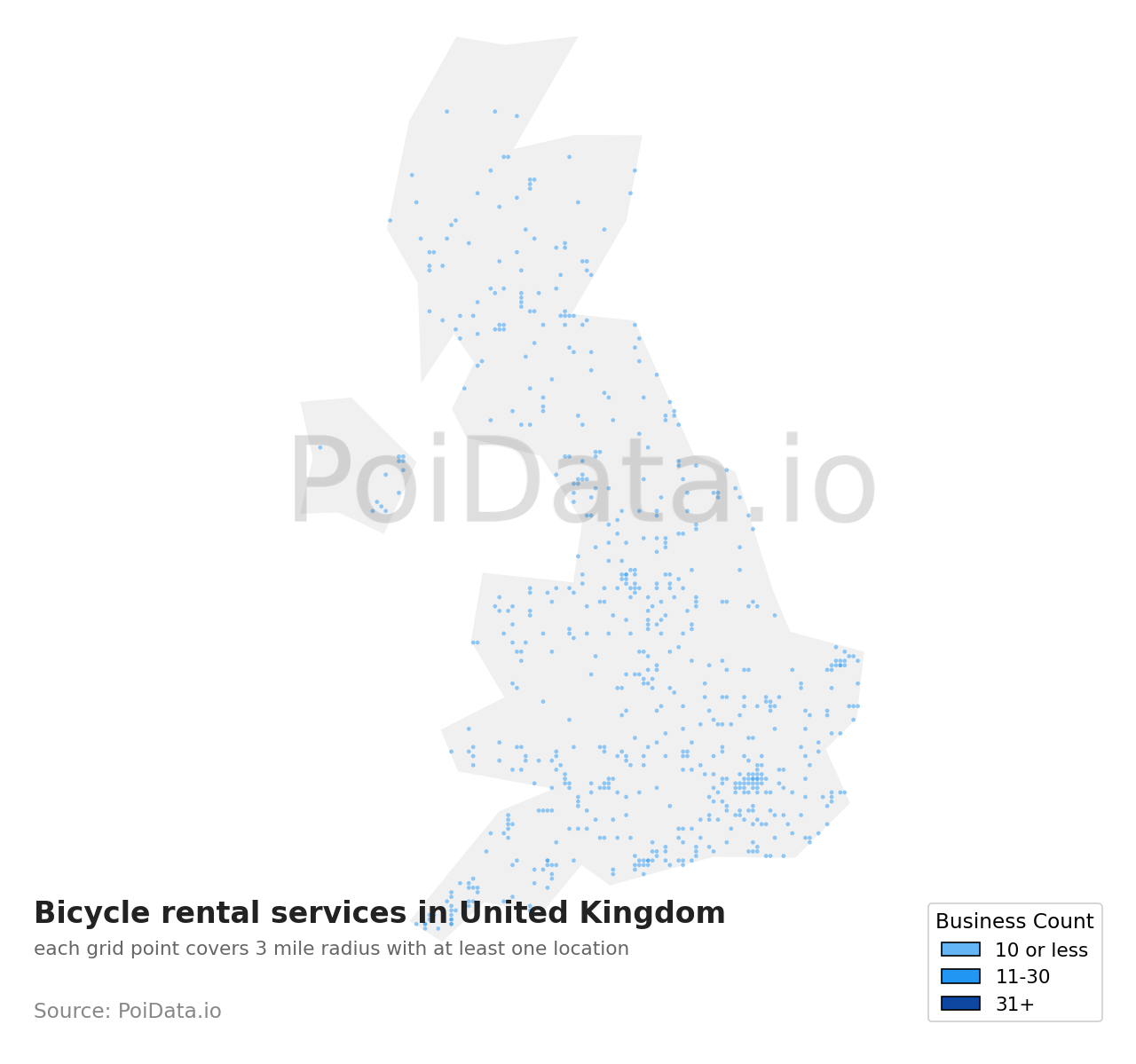 Bicycle rental service density map for United Kingdom