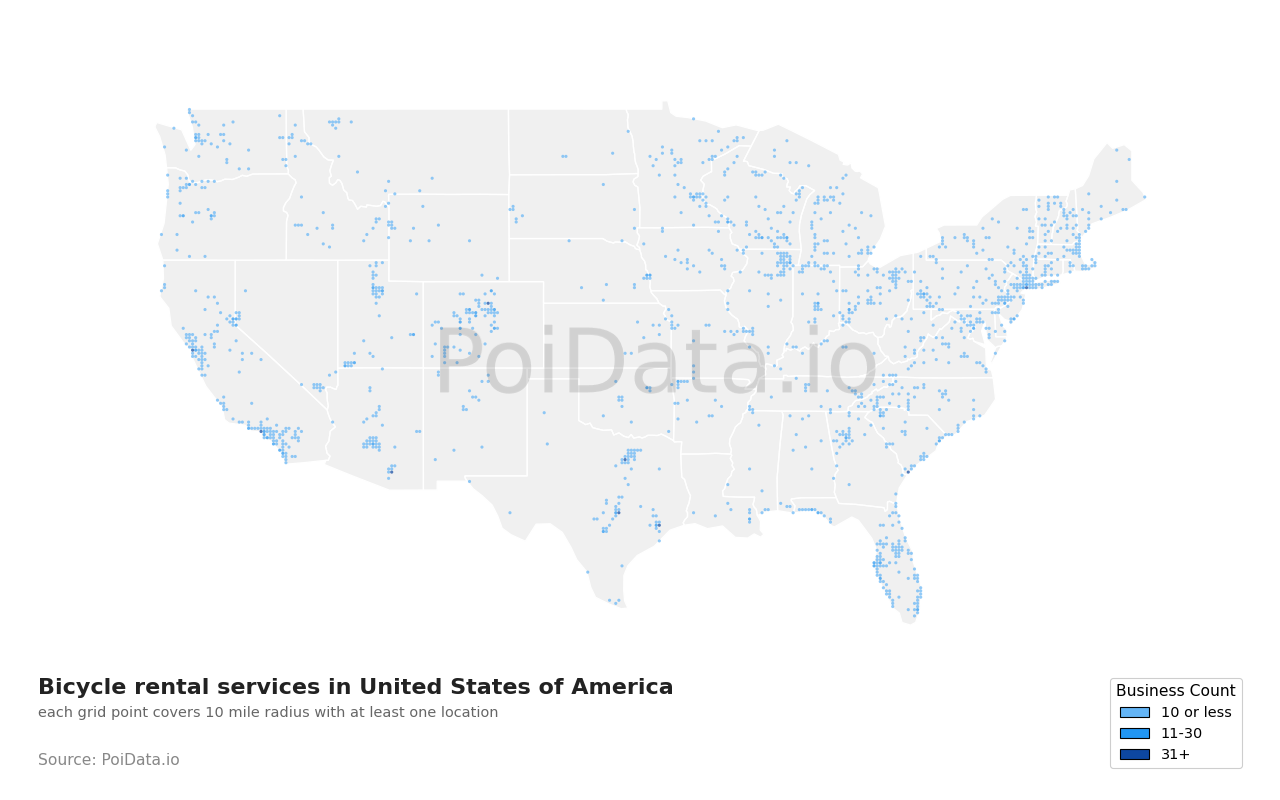 Bicycle rental service density map for North Carolina, United States