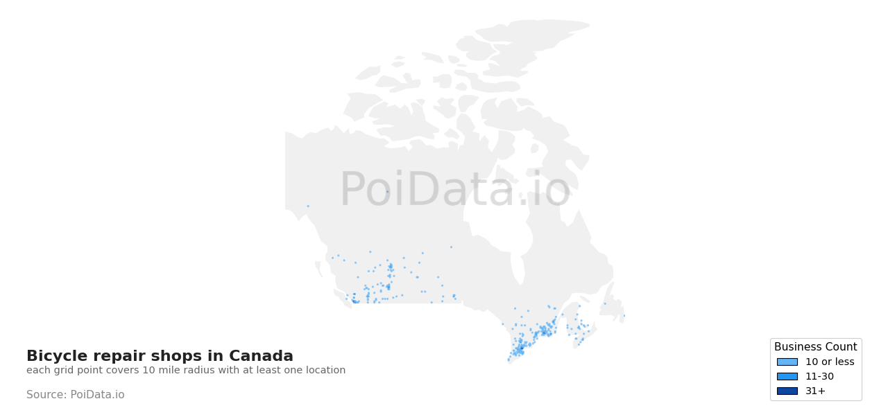 Bicycle repair shop density map for Canada