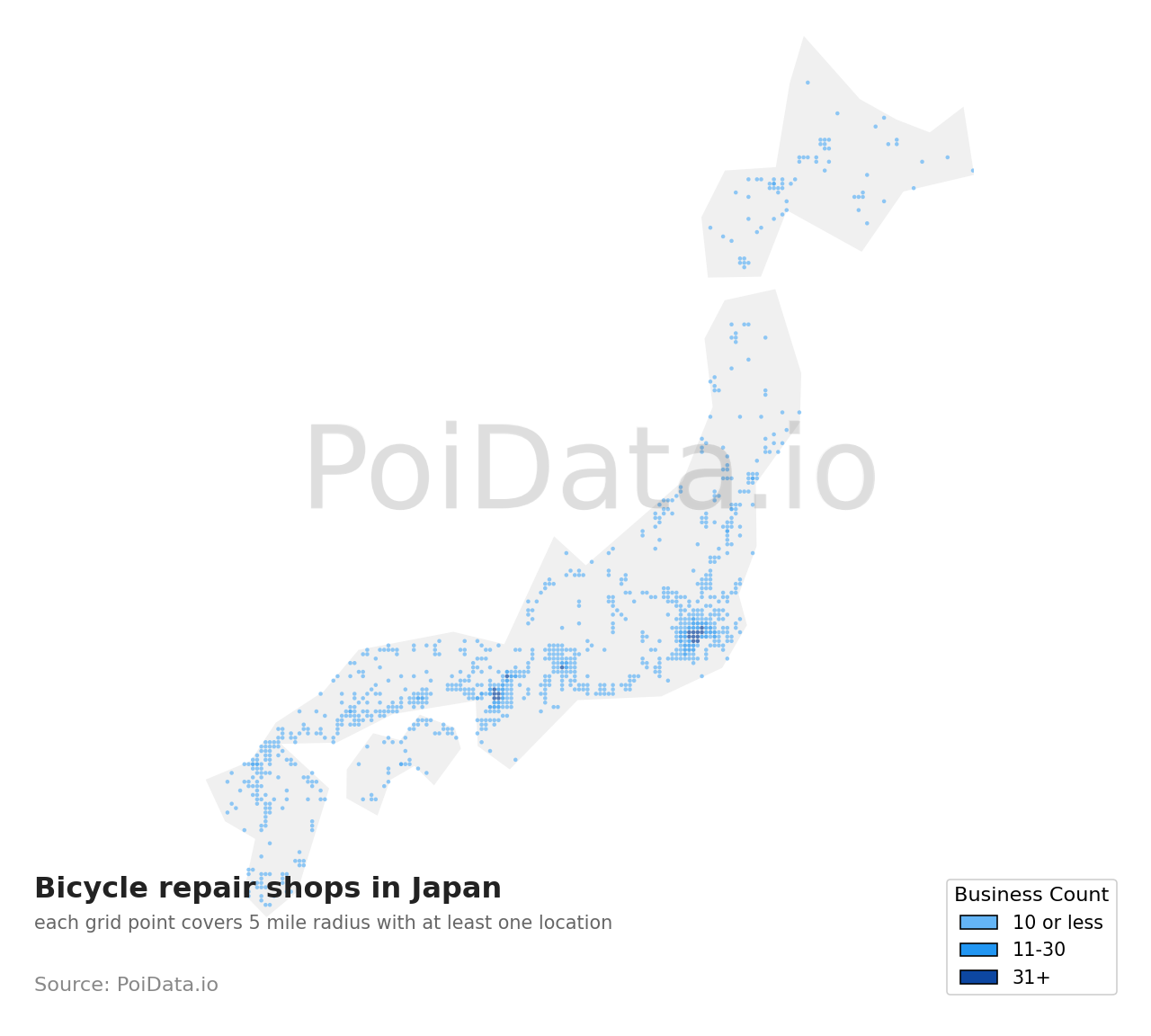 Bicycle repair shop density map for Motoyoshi District, Miyagi, Japan