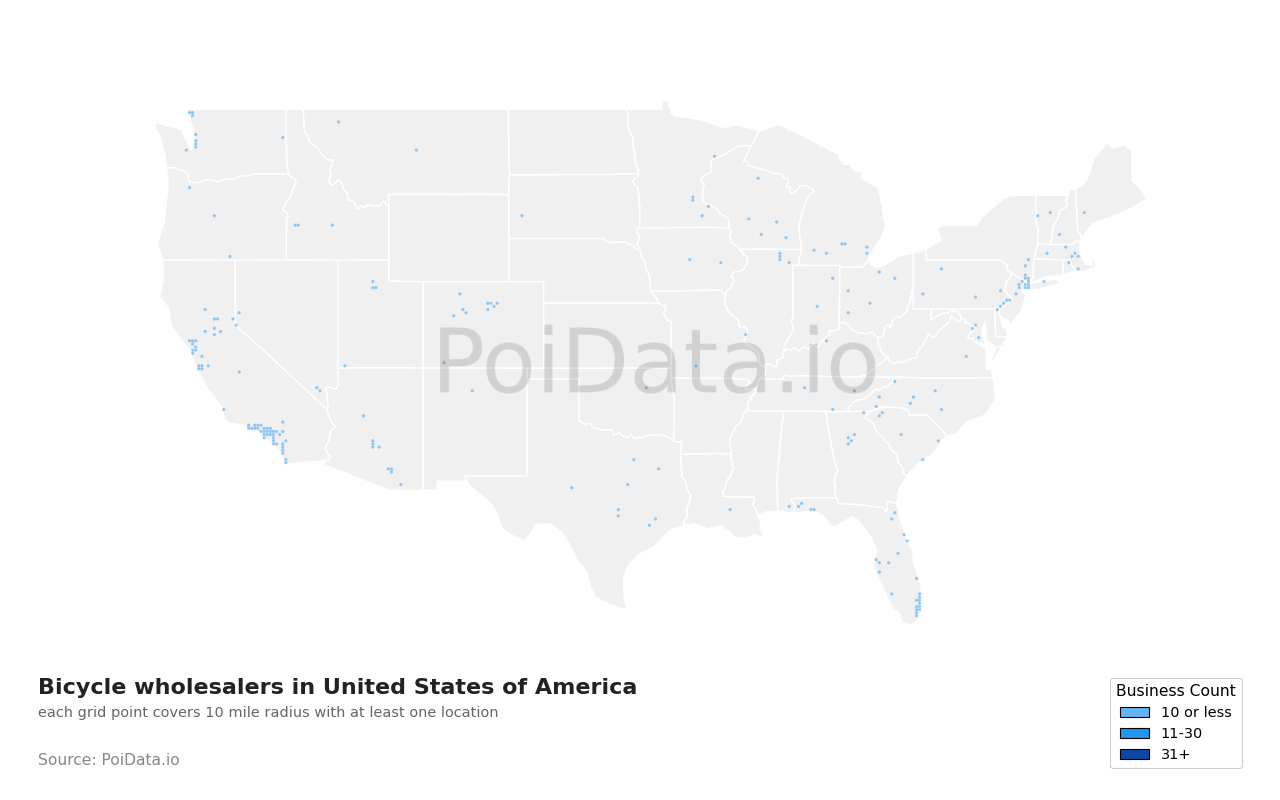 Bicycle wholesaler density map for New York, United States