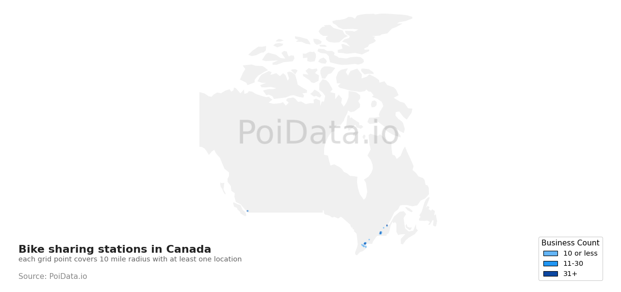 Bike sharing station density map for Canada