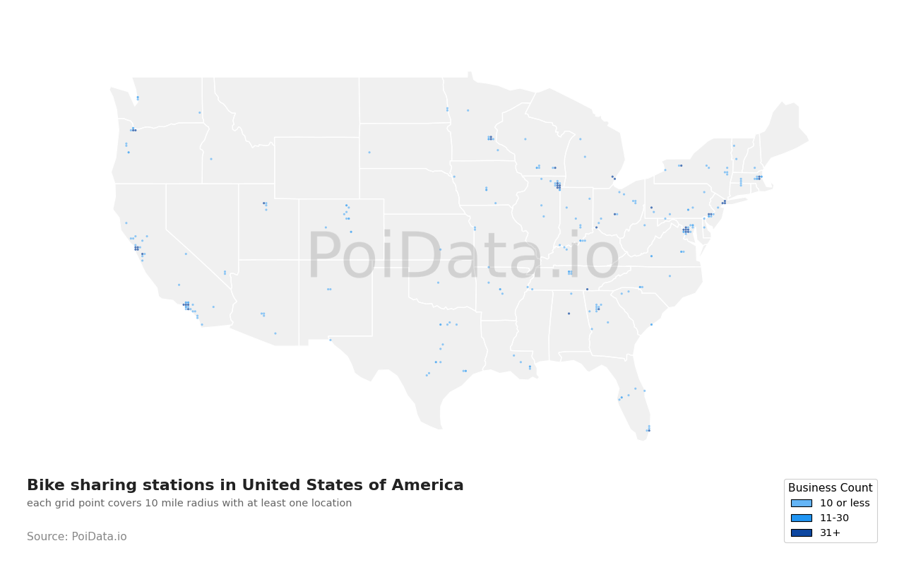 Bike sharing station density map for United States