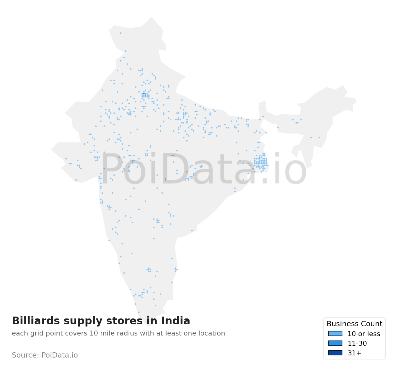 Billiards supply store density map for India