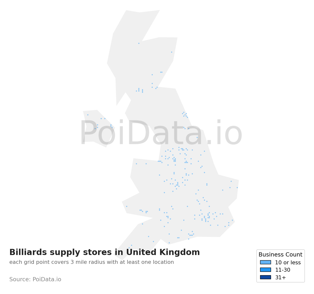 Billiards supply store density map for United Kingdom