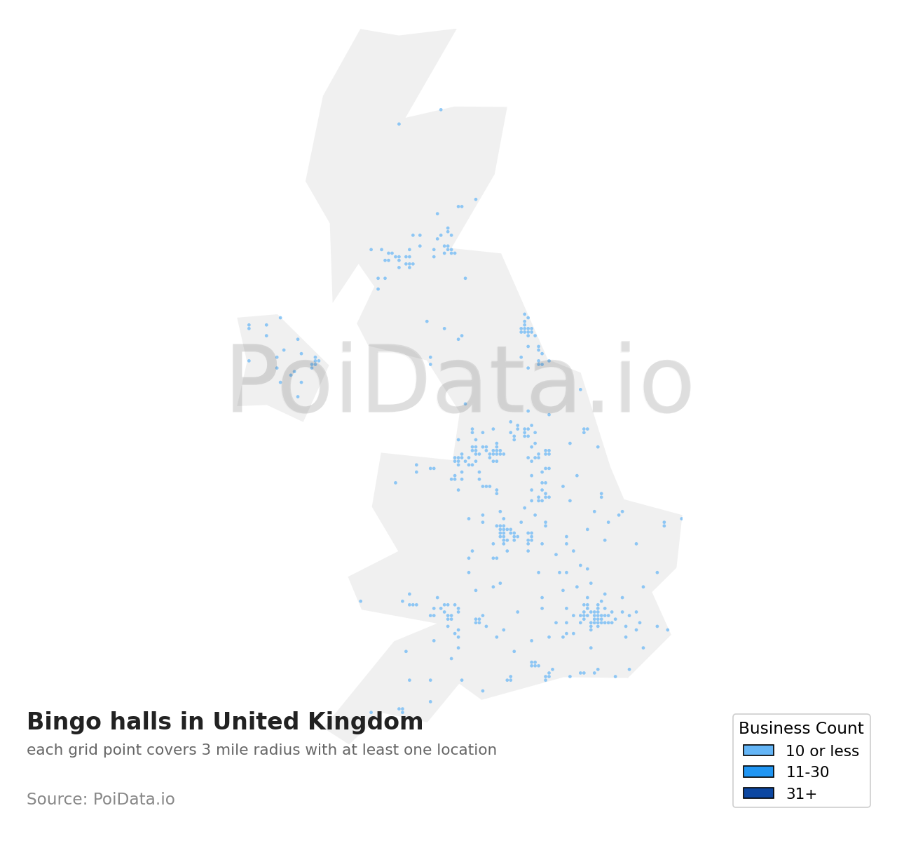 Bingo hall density map for United Kingdom