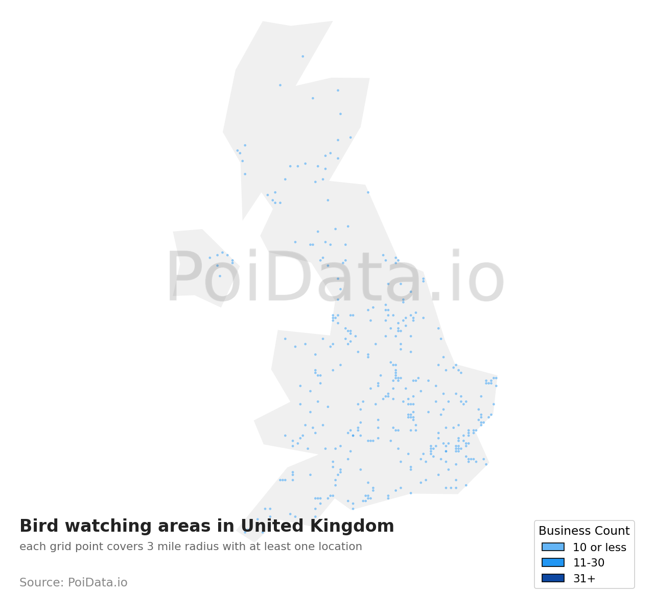 Bird watching area density map for United Kingdom