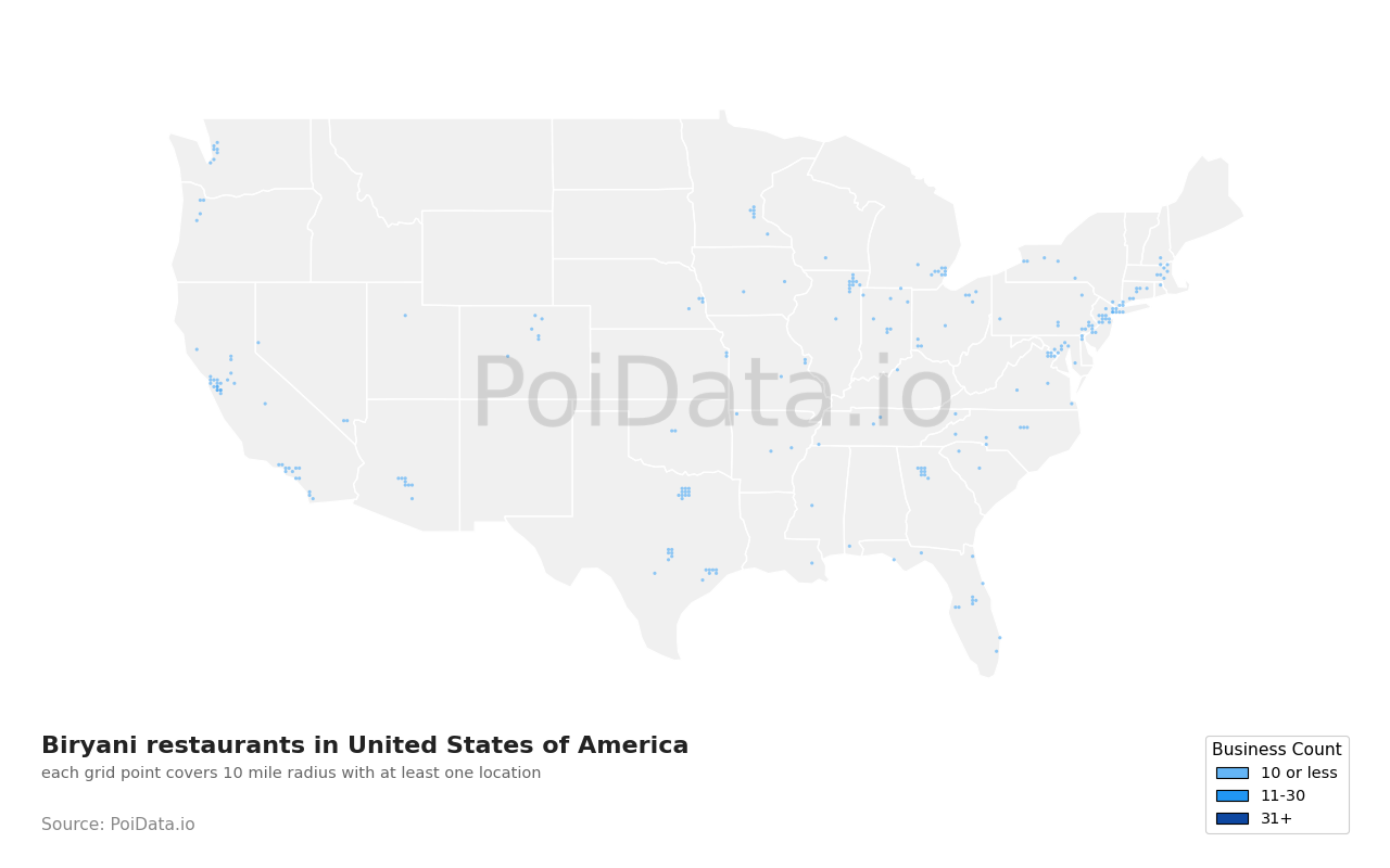 Biryani restaurant density map for United States
