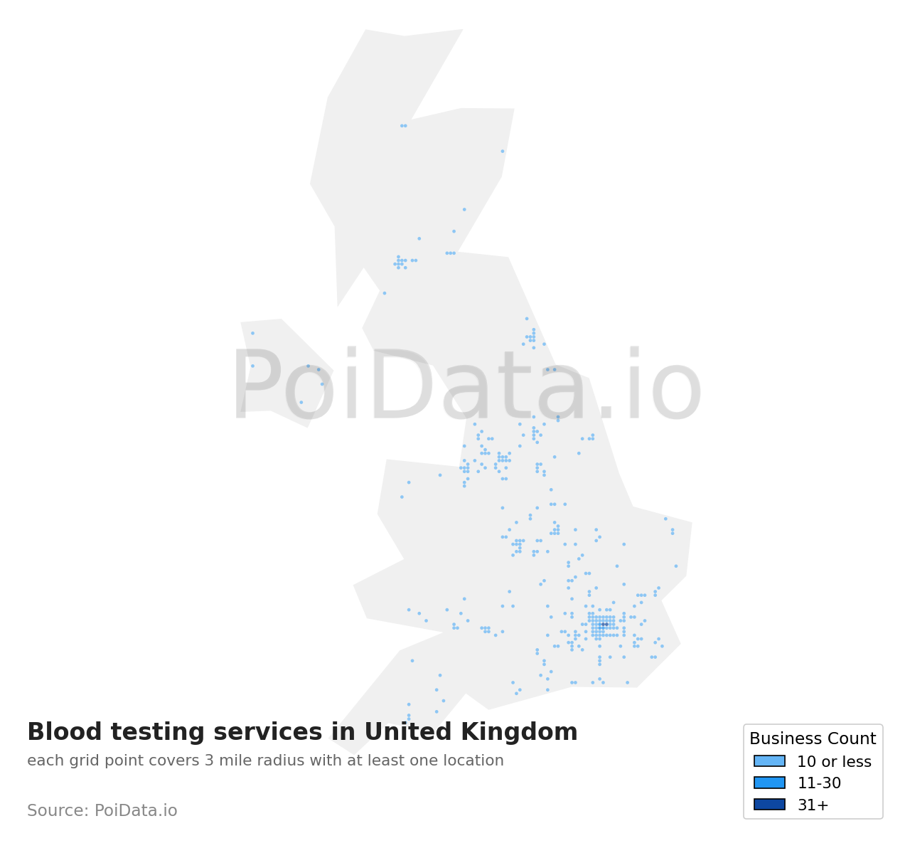 Blood testing service density map for United Kingdom