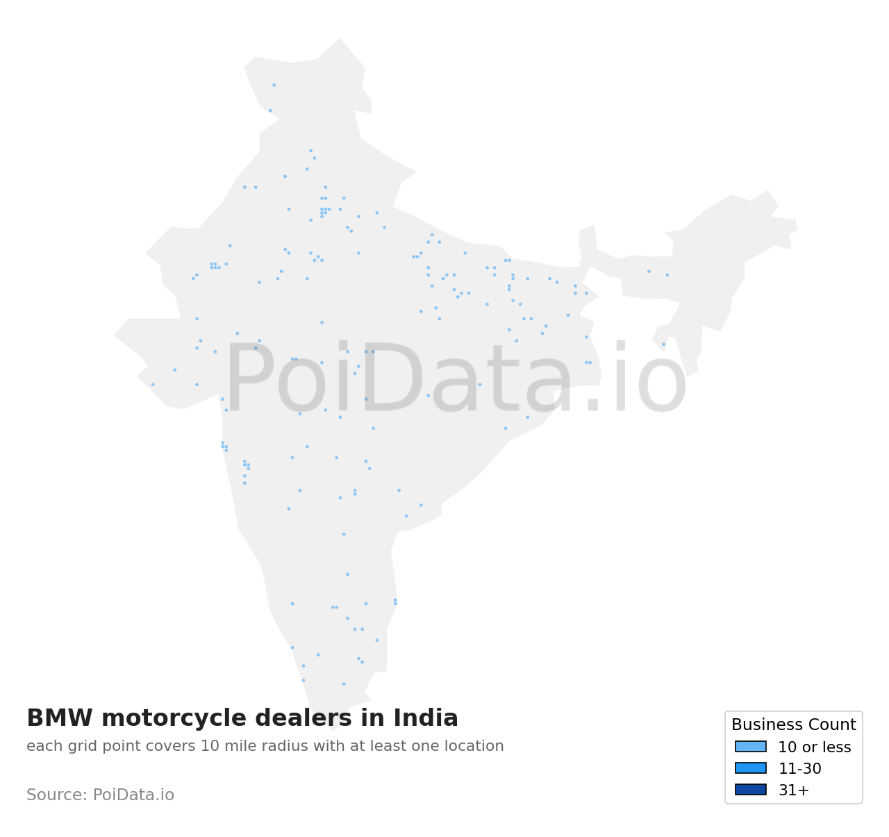 BMW motorcycle dealer density map for India