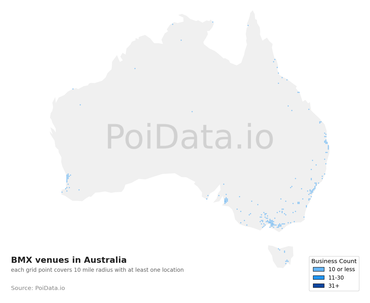 BMX venue density map for Tasmania, Australia