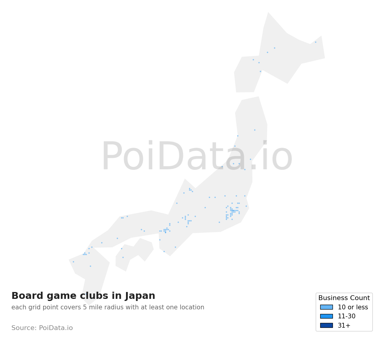 Board game club density map for Japan