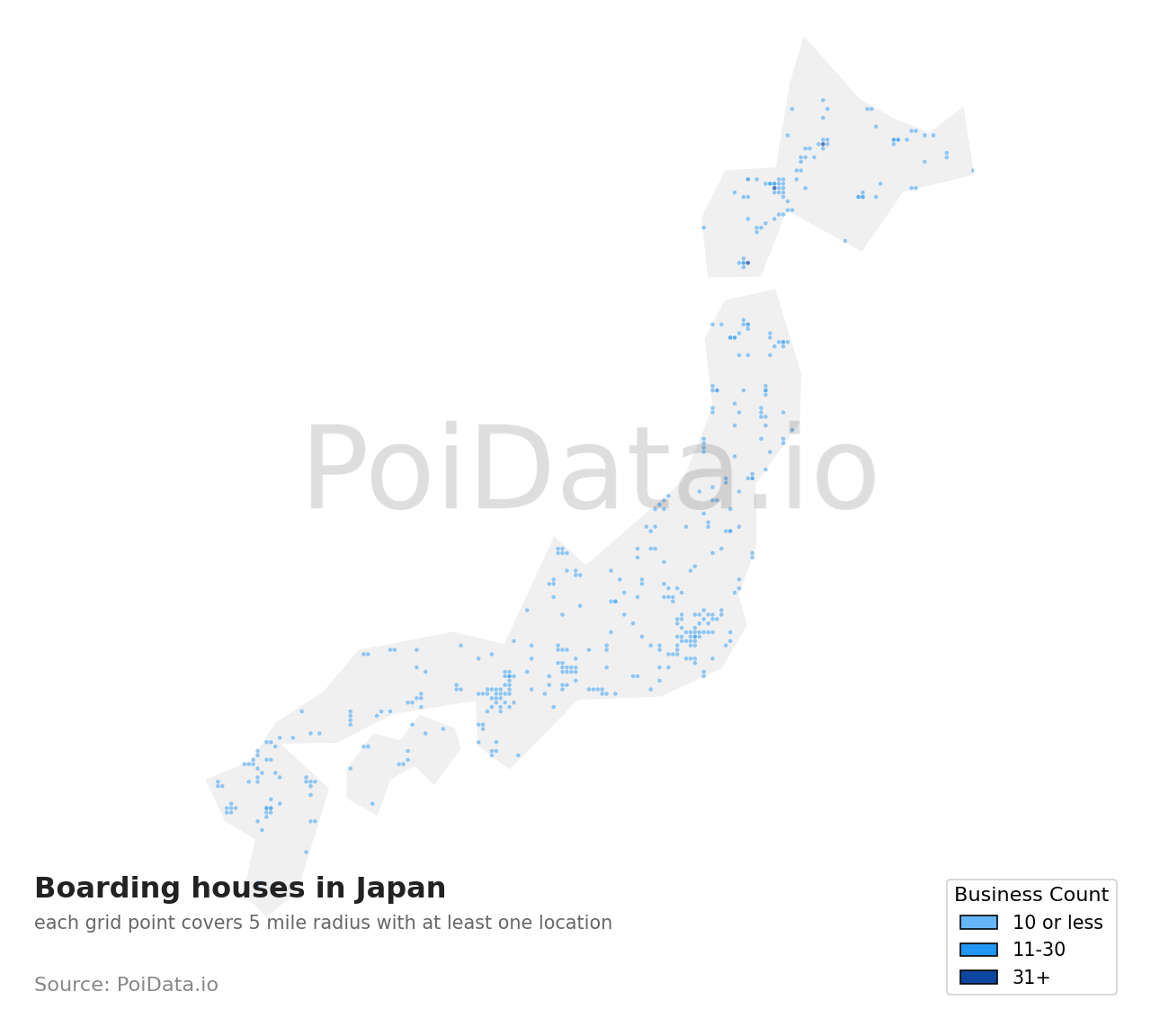 Boarding house density map for Japan